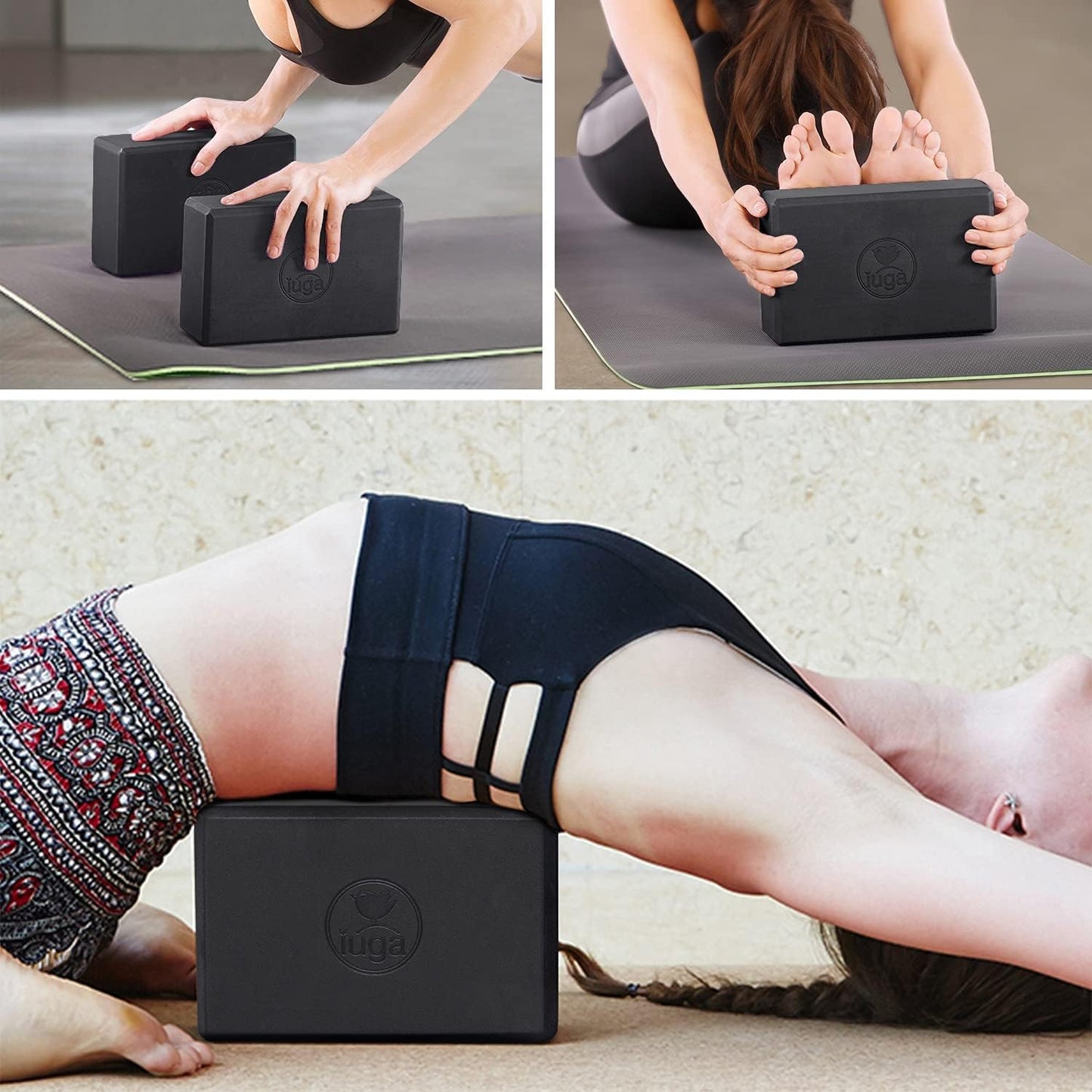 IUGA Yoga Blocks 2 Pack With Strap Non Slip High Density 9"x6"x3" Solid & Cork Yoga Block With Yoga Strap to Improve Strength Balance for Yoga Pilates Meditation