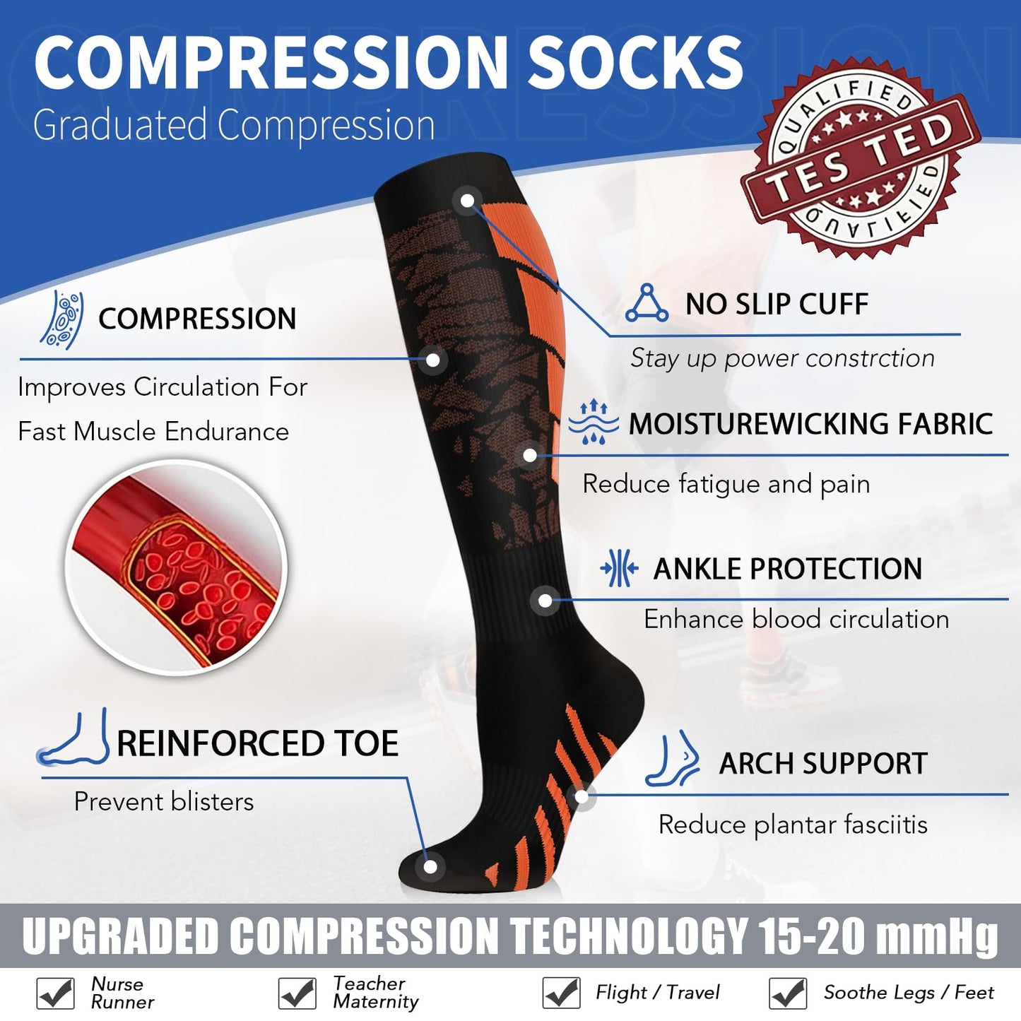 Sooverki Graduated Copper Compression Socks for Men & Women Circulation 8 Pairs 15-20mmHg - Best for Running Athletic Cycling