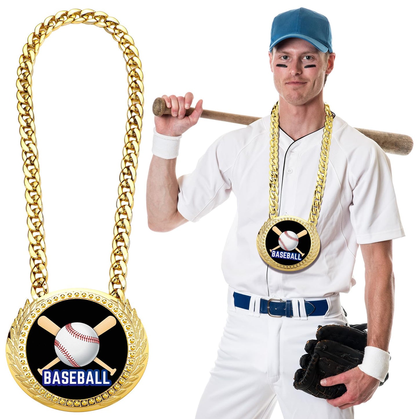 Tondiamo Sports MVP Turnover Chain Medal 6 Big Gold Champ Award Necklace Chain Baseball Basketball Football Soccer Softball Volleyball Sports Competitions Prize Gifts and Party Favors(Baseball)