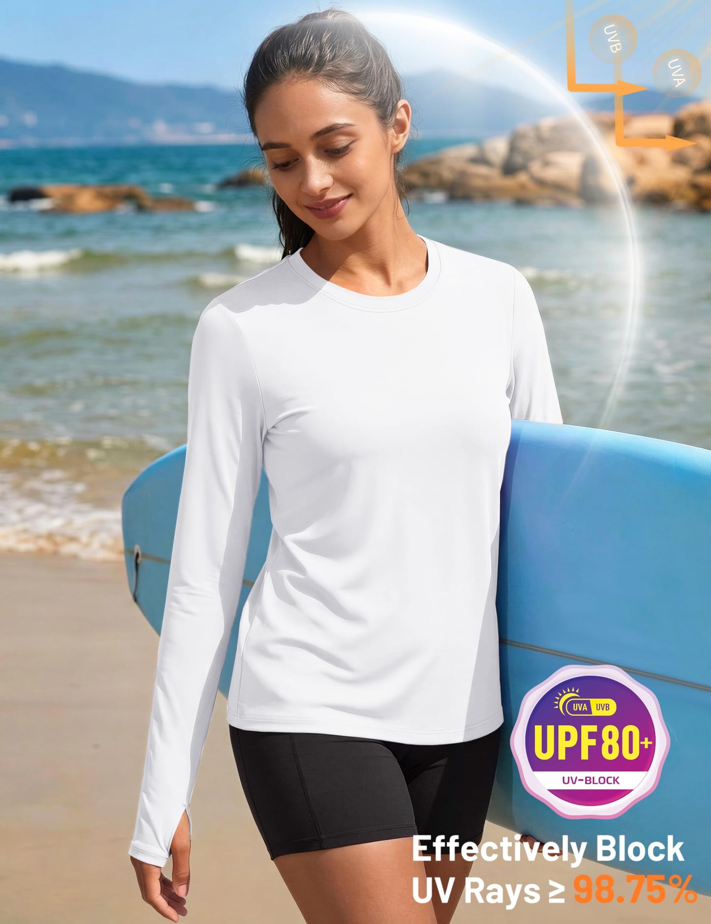 MAGCOMSEN White Long Sleeve Shirt Thumb Hole Women SPF 50 Sun UV Protection Lightweight Breathable Swim Workout Tops M