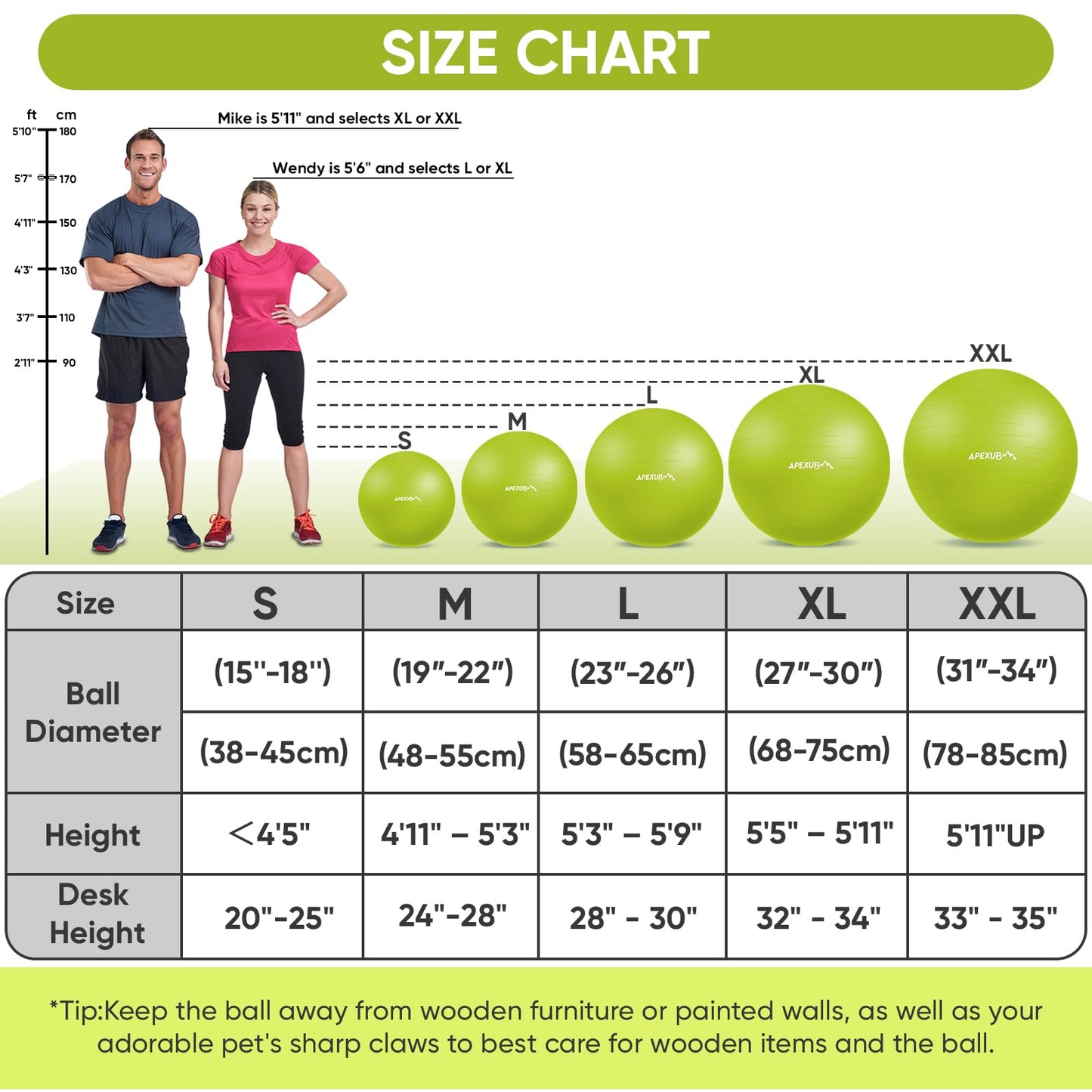 APEXUP Yoga Ball, 660 lbs Anti-Burst Exercise Ball with Pump, 5 Sizes (XXL(31"~34") 85cm, Green)