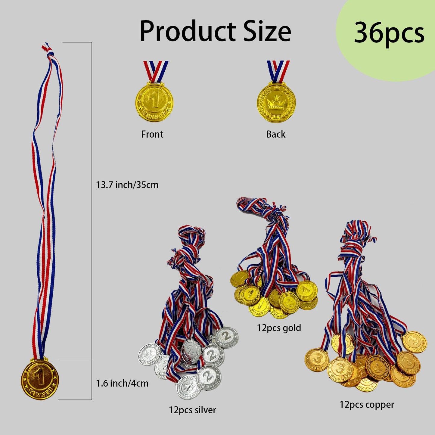 Flyekist 36 Pieces Plastic Winner Award Medals for Kids, Childrens Plastic Gold Silver Bronze Medals for Sports, Games Competitions, Party Favors and Decorations