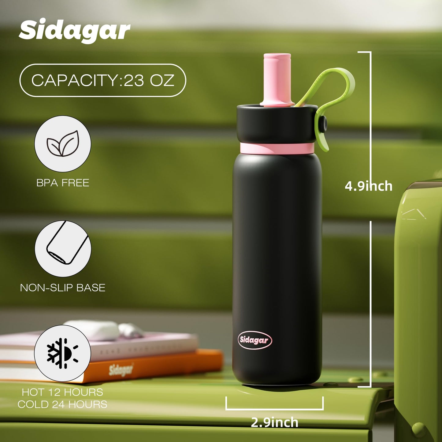 Sidagar 24 oz Tumbler, Insulated Coffee Mug with Lid and Straw, Leak Proof Portable Travel Cup, for Hot and Cold Drinks Drinks Flask for Women Black