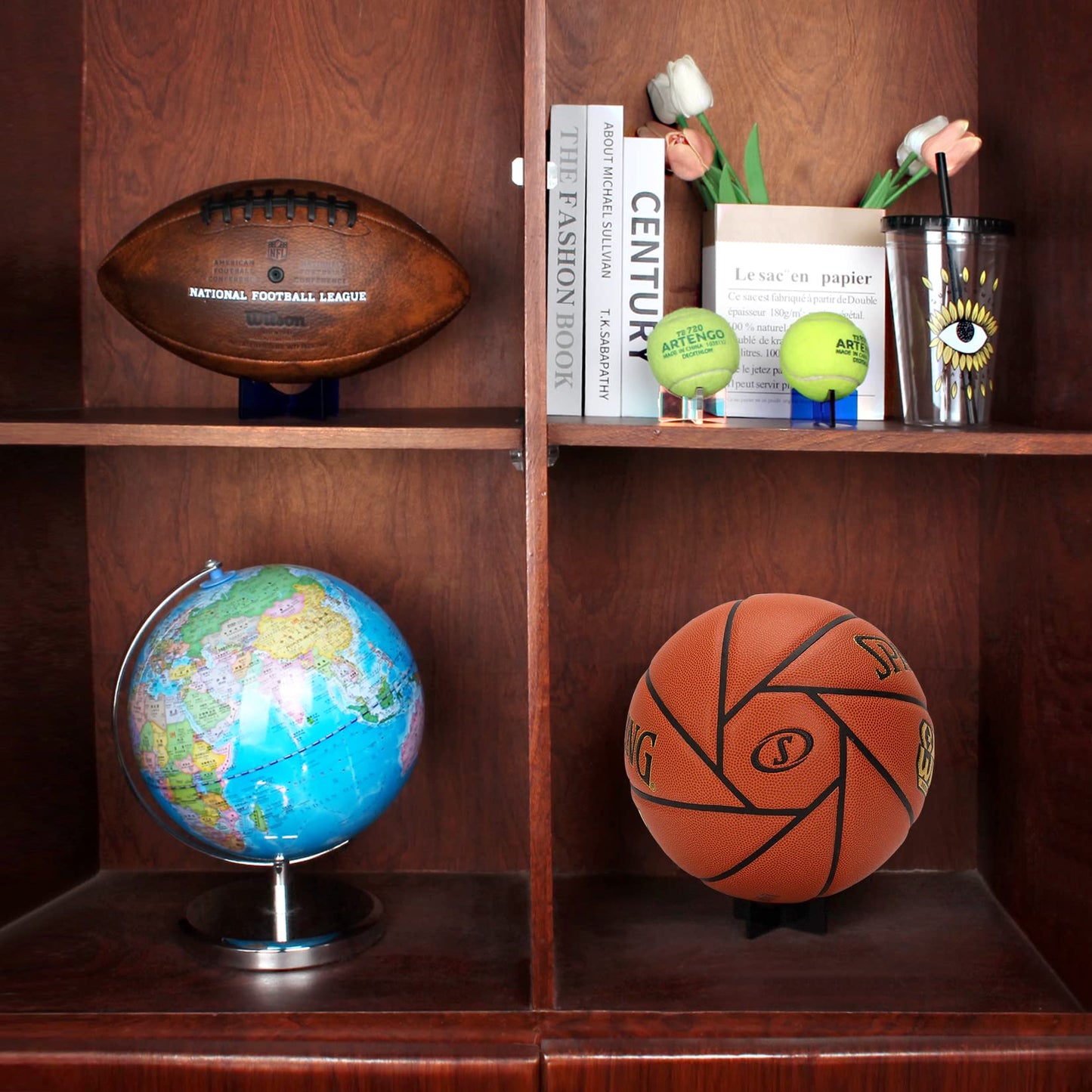 Acrylic Ball Stand Holder Display Stand for Football Basketball Soccer, Volleyball Rugby Sports Ball Storage Rack, Trophy Autograph Memorabilia Display Cases (3.54x1.3 inch, Black)
