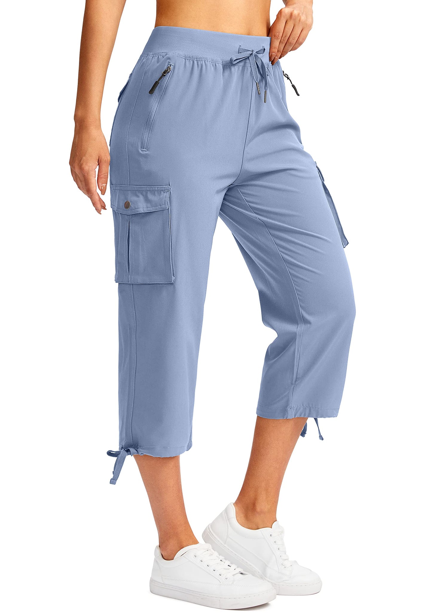 Soothfeel Women's Cargo Capris Pants with 6 Pockets Lightweight Quick Dry Travel Hiking Summer Pants for Women Casual (Stone Blue, L)