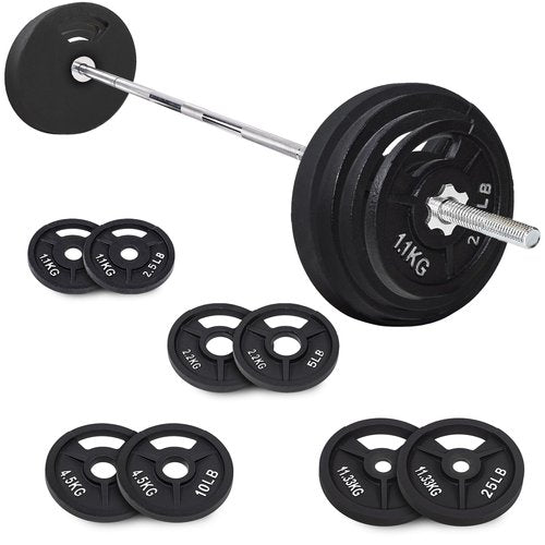 Fitvids Cast Iron 1" Standard Weight Plates Including Standard Barbell Bar & Star Locks, 95 Pounds Set (85 Lbs Plates + 10 Lbs Barbell Bar), Multiple Packages