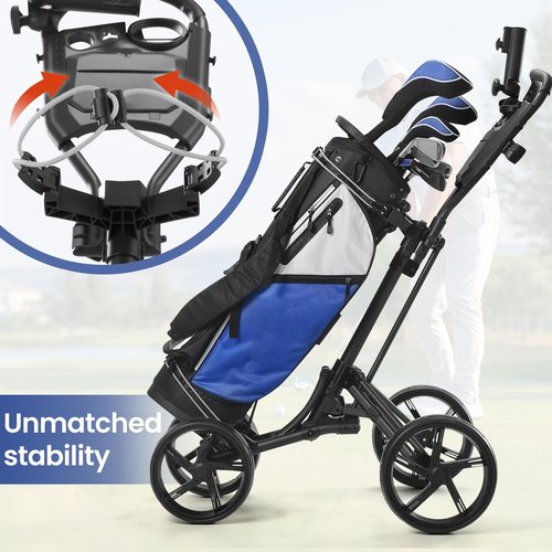 Cavevine Golf Push Cart 4 Wheel, Golf Push Cart with One-Click Folding, Push Carts for Golf Bags, Golf Trolley with Cup Holder, Umbrella Holder, Handle Height Adjustable, Walking Push Cart