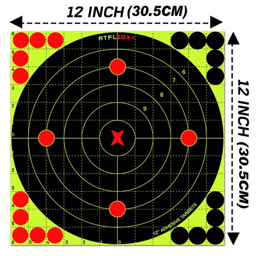 ATFLBOX 12X12 Inch Splatter Adhesive Bullseye Fluorescent Yellow Shooting Target Stickers, Sight in Shooting Range Paper Targets, Rective for Handguns, Rifle, Pistol, Pellet Guns, BB Gun (25 Pack)