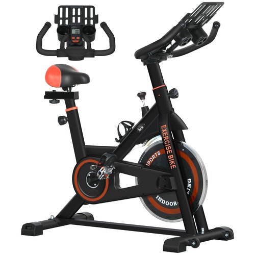 Soozier Exercise Bike, Flywheel Indoor Stationary Bike, Adjustable Height and Resistance, with LCD Monitor, Comfortable Seat Cushion, 264 lbs Capacity, Black and Red