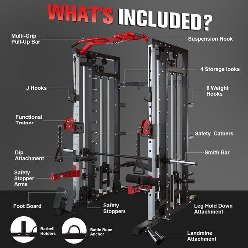 Smith Machine - 2200lbs Squat Rack Home Gym with LAT-Pull Down System & Cable Crossover Machine - Training Equipment with Leg Hold-Down Attachment