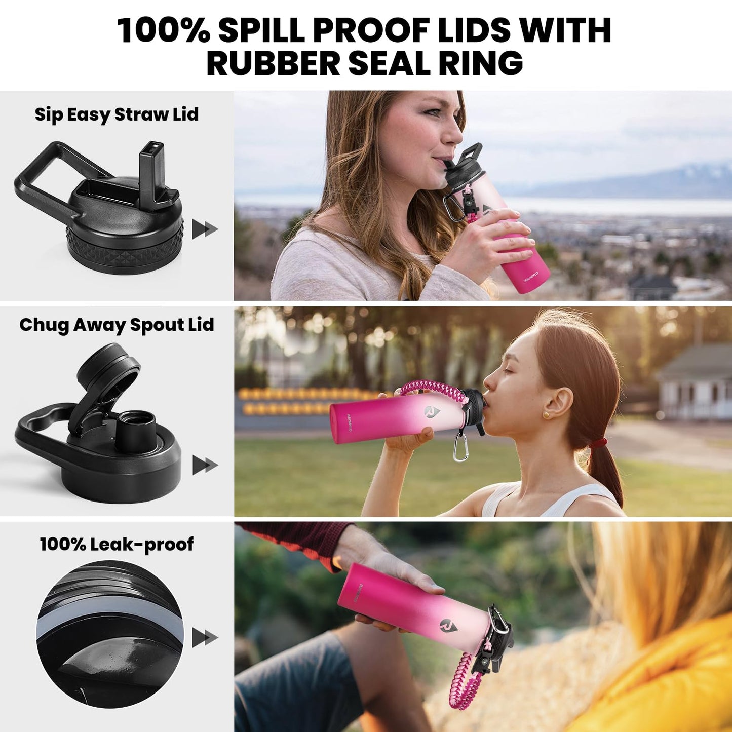 RAYMYLO Insulated Water Bottle 24 oz, Triple Wall Vacuum Stainless Steel (Cold for 24Hrs, Hot for 12Hrs), Leak Proof & Non-BPA, Modern Water Flask Jug with Paracord Handle & Straw Spout Lids