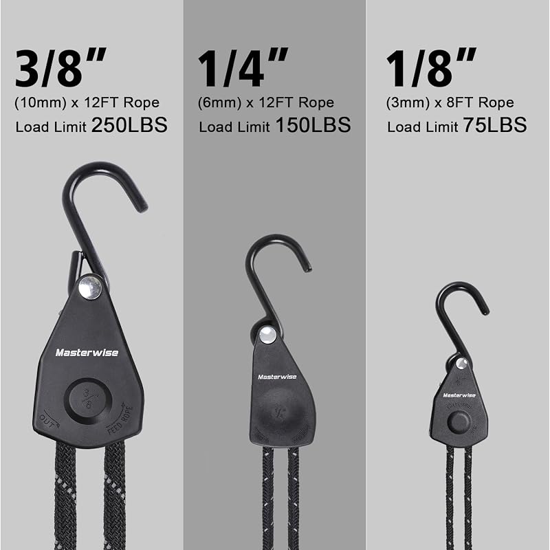 Masterwise 1/4" x12' Kayak Tie Down Straps with Reflective Stripe - 4 pcs (Black + 1/4"×12')