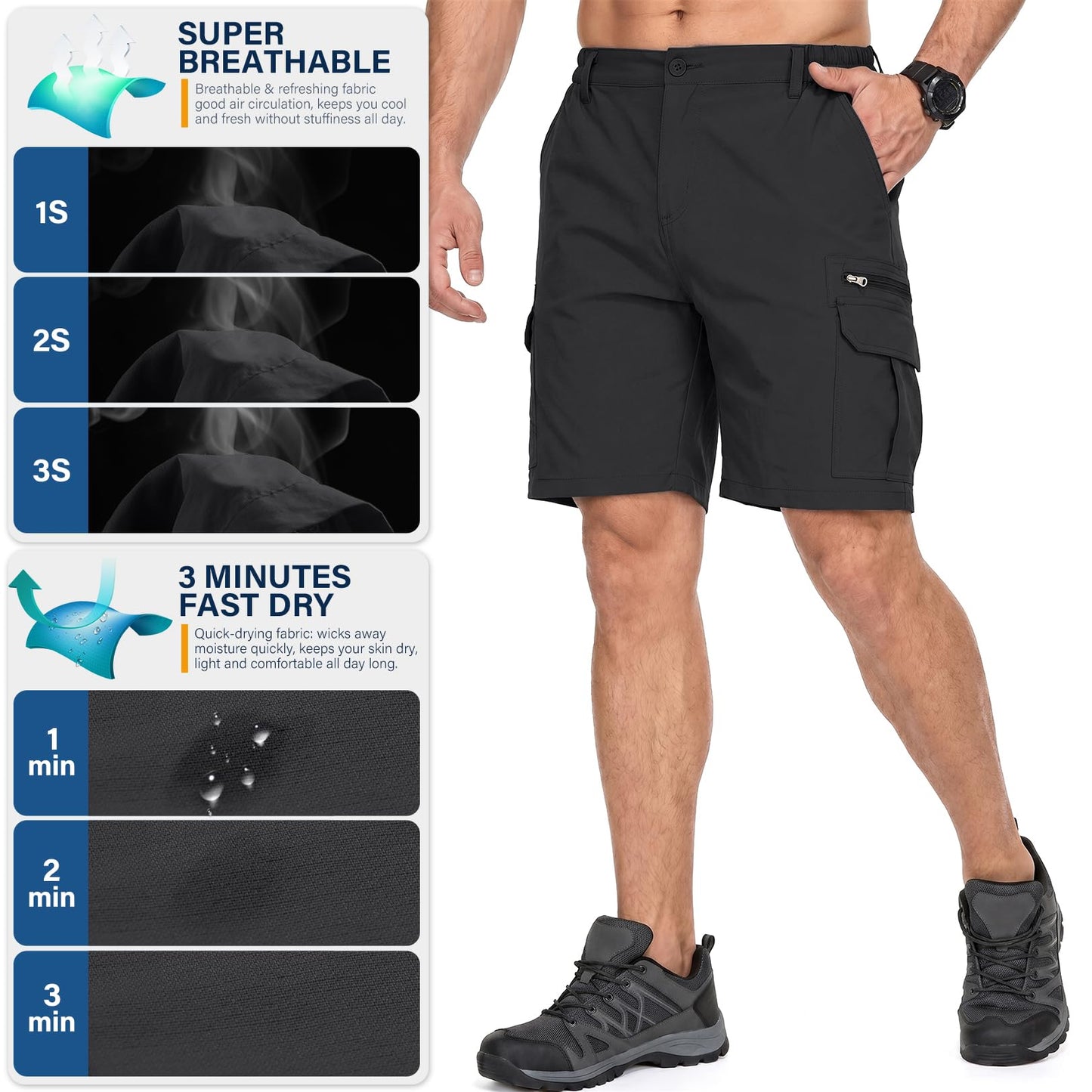 Jessie Kidden Mens Outdoor Casual Expandable Waist Lightweight Water Resistant Quick Dry Fishing Hiking Shorts #6222-Black,42