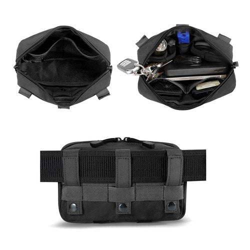 Tactical MOLLE Admin Pouch - Laser-Cut EDC Tool Bag, Horizontal Modular Organizer w/American Flag Patch & Keychain(Black)