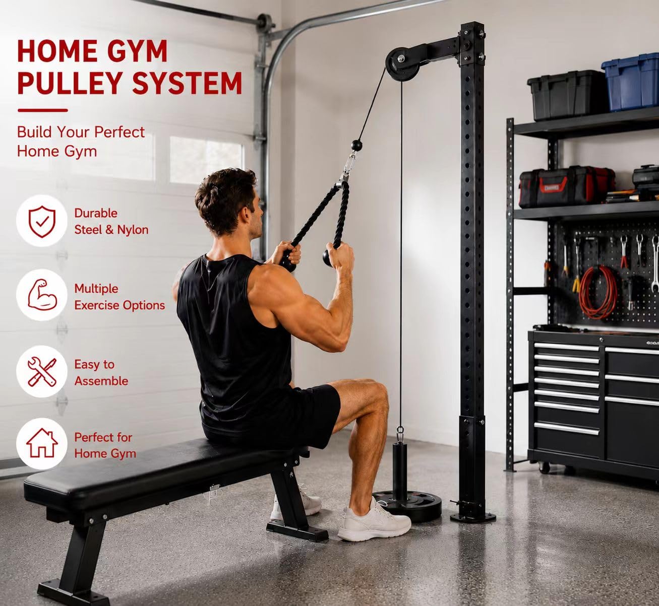 Cable Pulley System Home Gym, LAT Pull Down Weight Pulley System Gym Fitness DIY Loading Pin Weight Lifting Triceps Rope Workout Adjustable Length Pulley Cable Machine Attachments for Home Gym