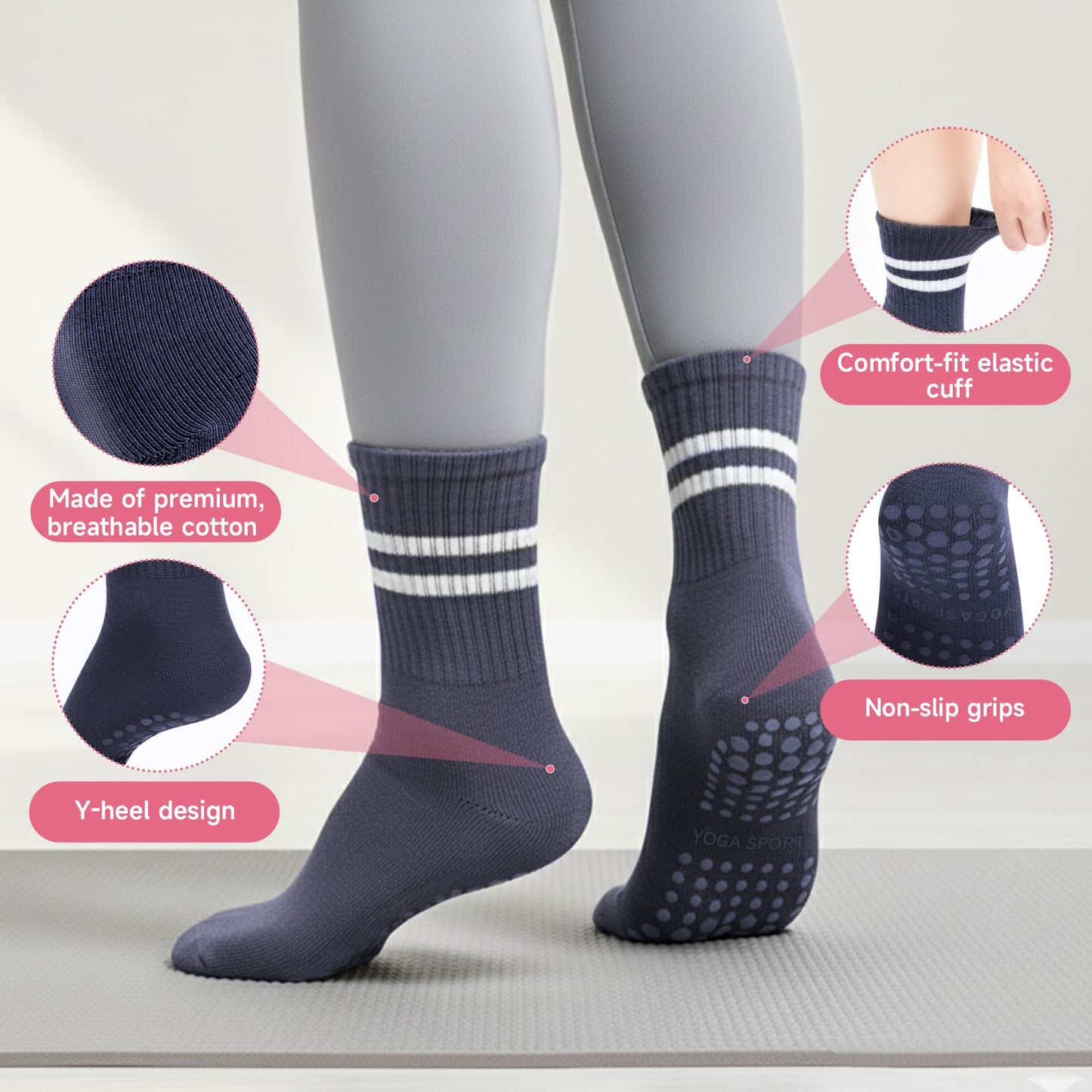 SPORTIC Pilates Socks with Grips for Women, Non Slip Yoga Socks Barre Crew Grippy Sticky Socks for Workout, Dance, Hospital – 4 Pairs Athletic Anti Skid Grip Socks
