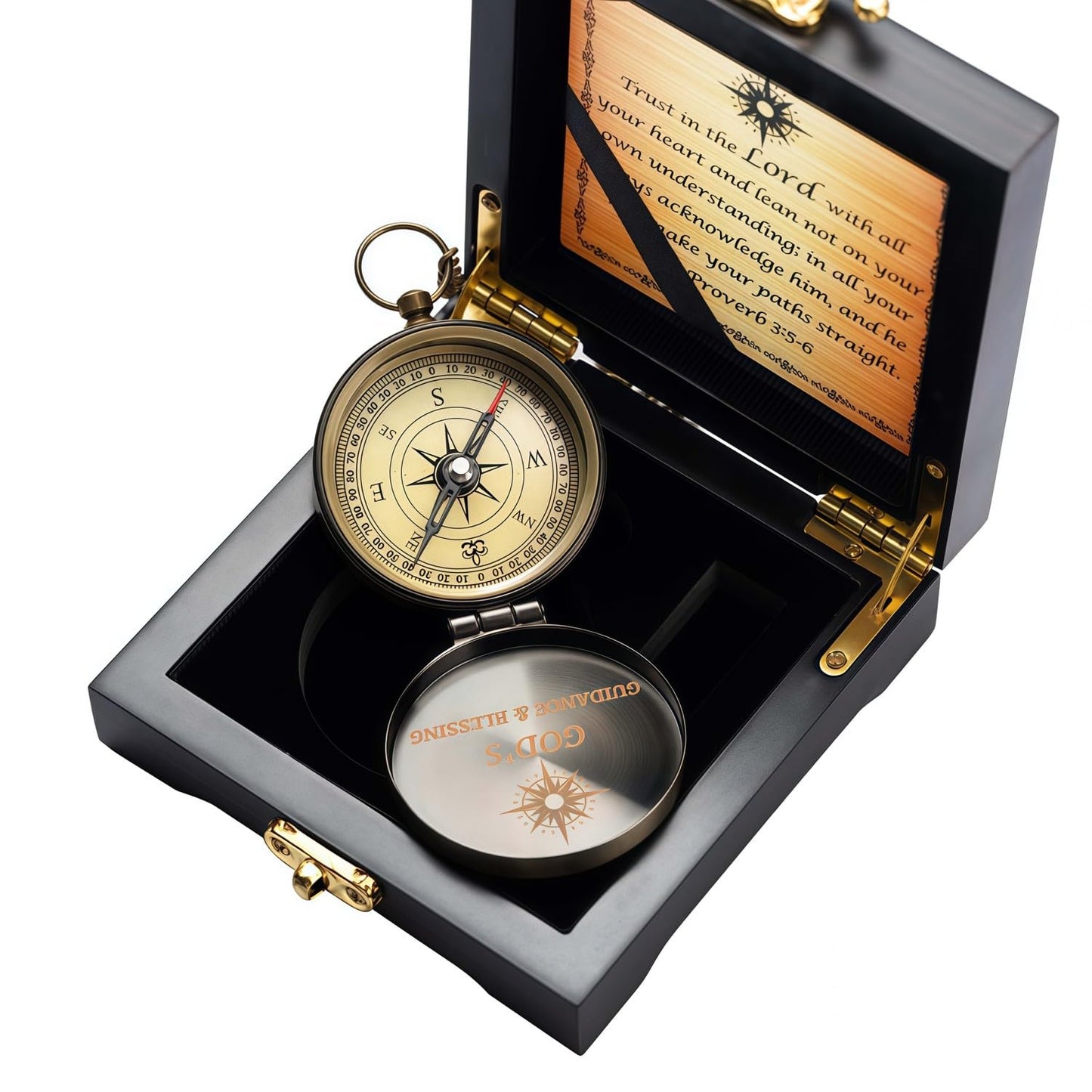 Afcrho Proverbs 3: 5-6 Engraved Compasses, Wood Box Greeting - Trust in The Lord Compass - Inspirational Gift Men, Christian Boys Baptism Gifts, Graduation Day with Wooden Box