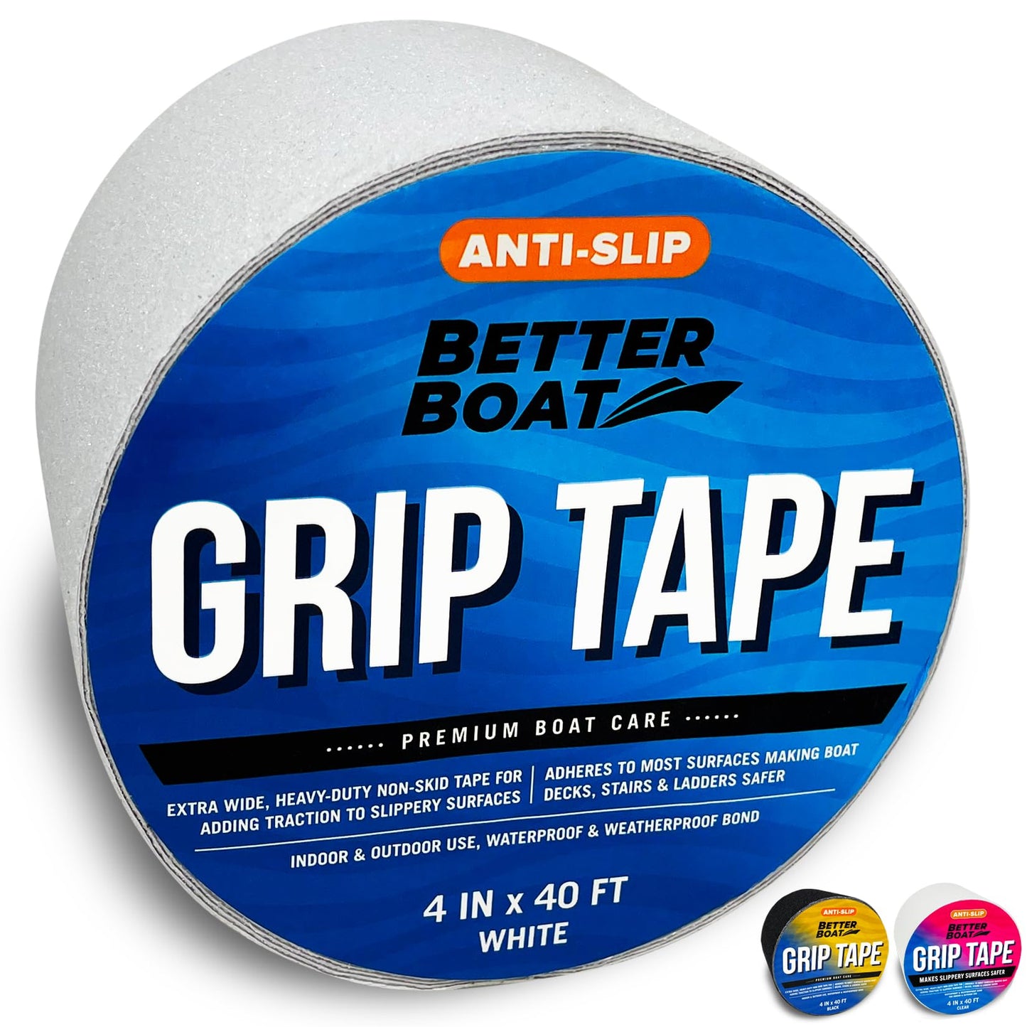 Better Boat Anti Slip Tape for Outdoor Stair Treads, Non-Skid Grip for Stairs and Steps, 4" x 40ft Roll, White Waterproof Traction, Weather-Resistant Friction Floor Tread for Dogs and Steps