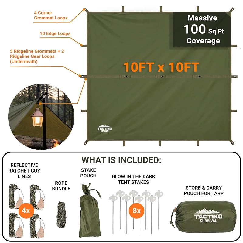 10x10 Ft Waterproof Camping Tarp Shelter for Backpacking & Hiking