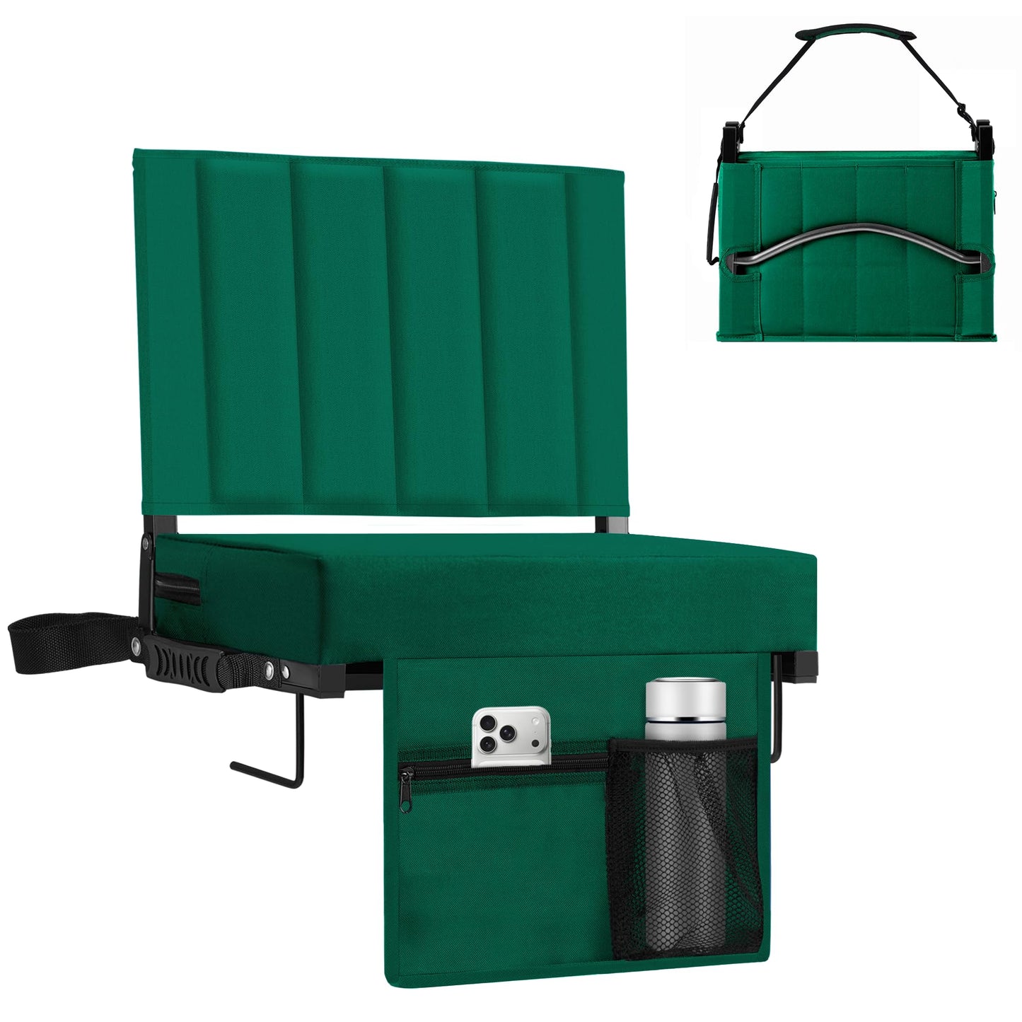 Halituny Stadium Seat for Bleachers with Back Support, Portable Bleacher Seat with Wide Comfy Padded Cushion, Metal Hook, Folding Stadium Chair with Shoulder Strap, Carry Handle, Cup Holder, Green