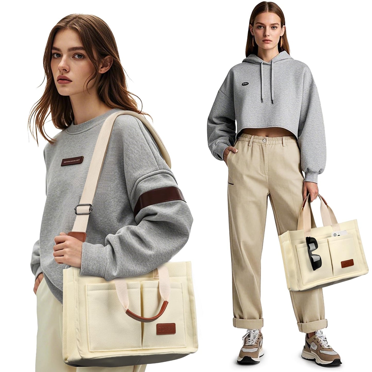 ZORFIN Canvas Tote Bag for Women with Zipper and Compartments Crossbody Work Laptop Bag for Travel College Office, Beige