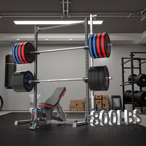 papababe Squat Rack with Pull Up Bar, Multi-Functional Power Rack with J-Hooks and Safety Arms, Workout Rack with Plate Stake and Barbell Storage for Home and Garage Gym