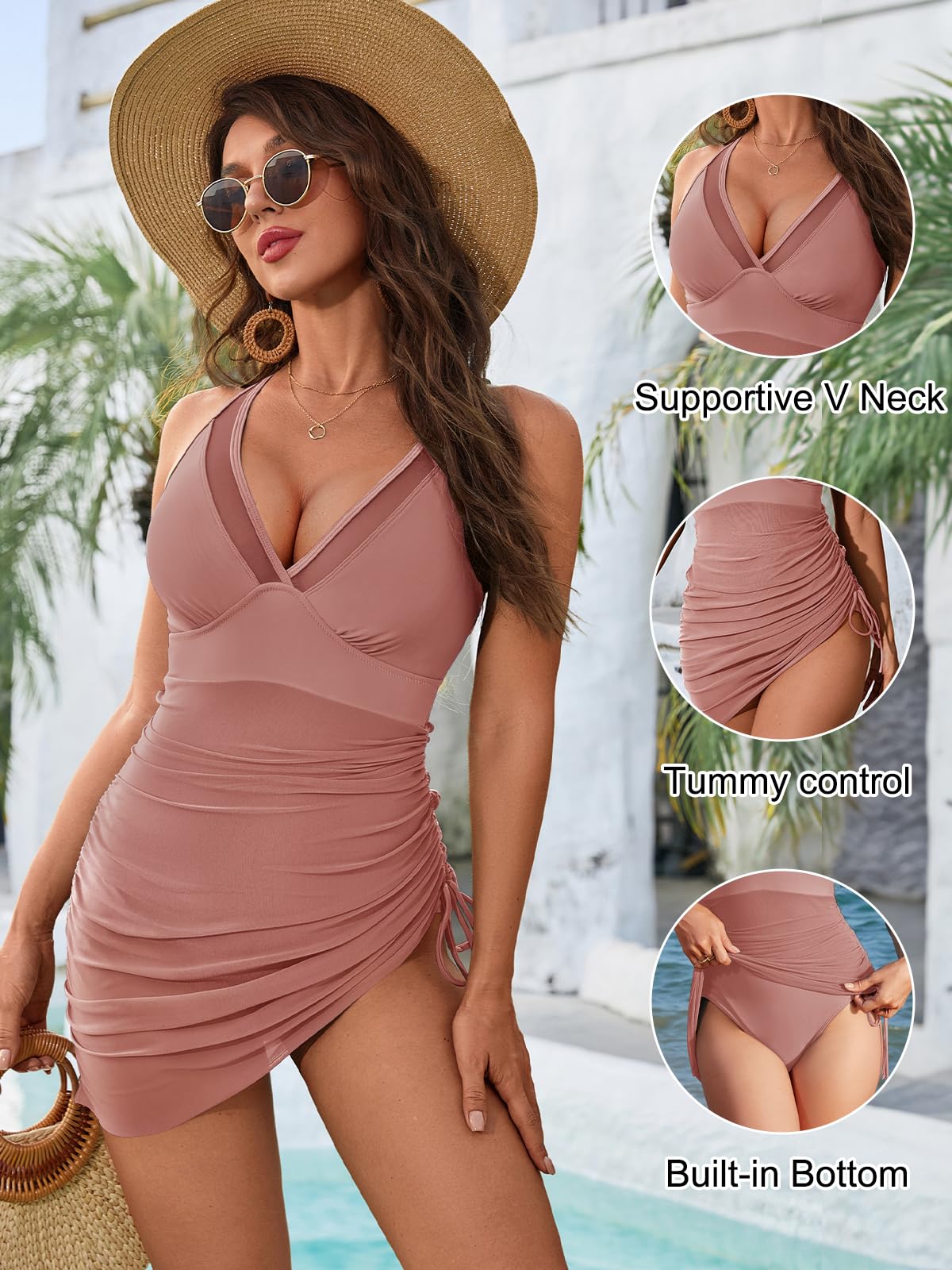 Blooming Jelly Women One Piece Swim Dress Tummy Control Swimsuits Modest Mesh Sheer V Neck Swimdress (M, Light Pink)