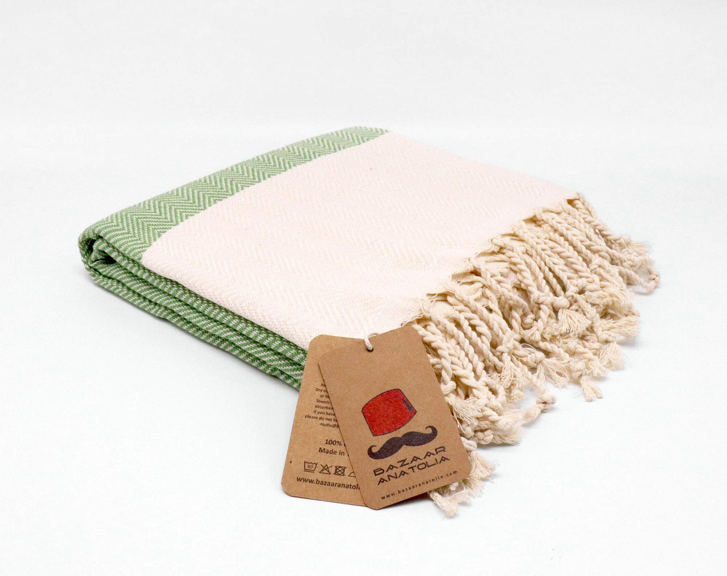 Bazaar Anatolia Turkish Beach Towel 100% Cotton Bath Towels 71x39 Quick Dry Sand Free Lightweight Large Oversized Herringbone Green