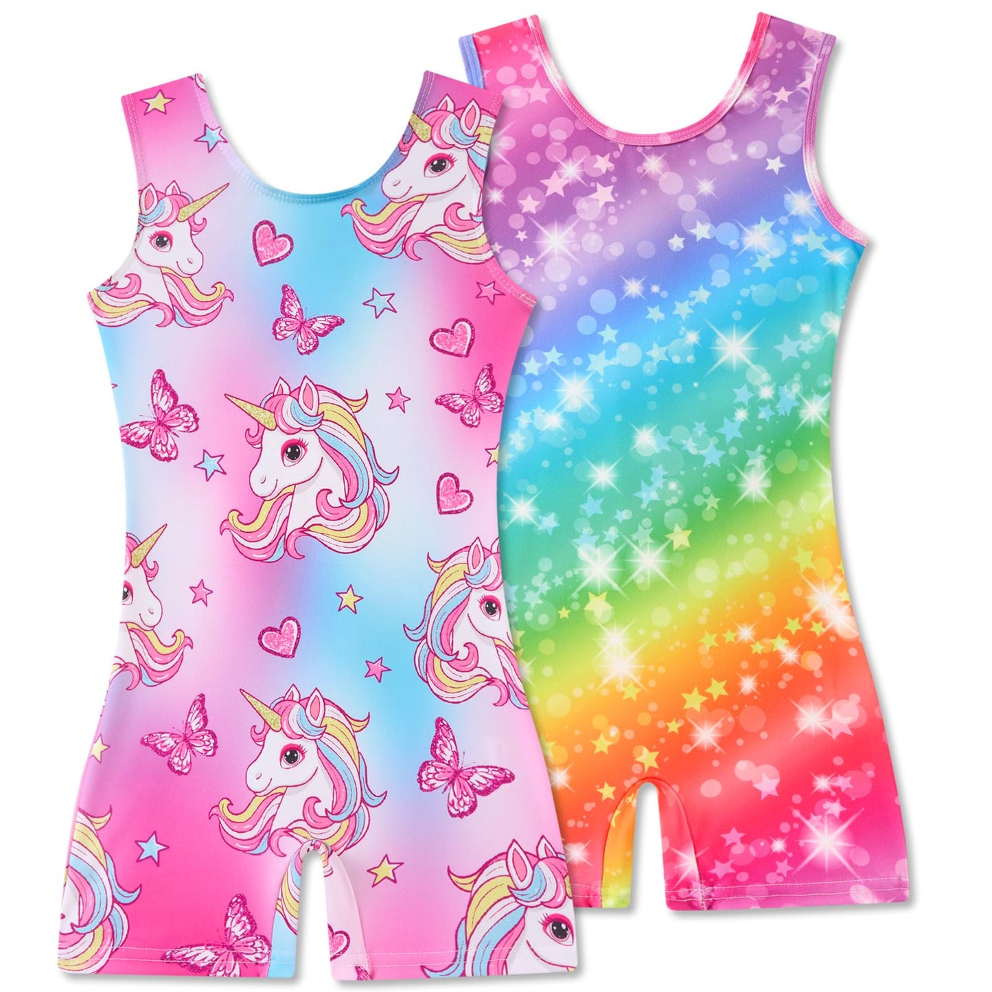 Taubow 2 Packs Leotards for Girls Size 7-8 Gymnastics Outfit Rainbow Leotard Unicorn Biketard with Shorts Tumbling Outfit