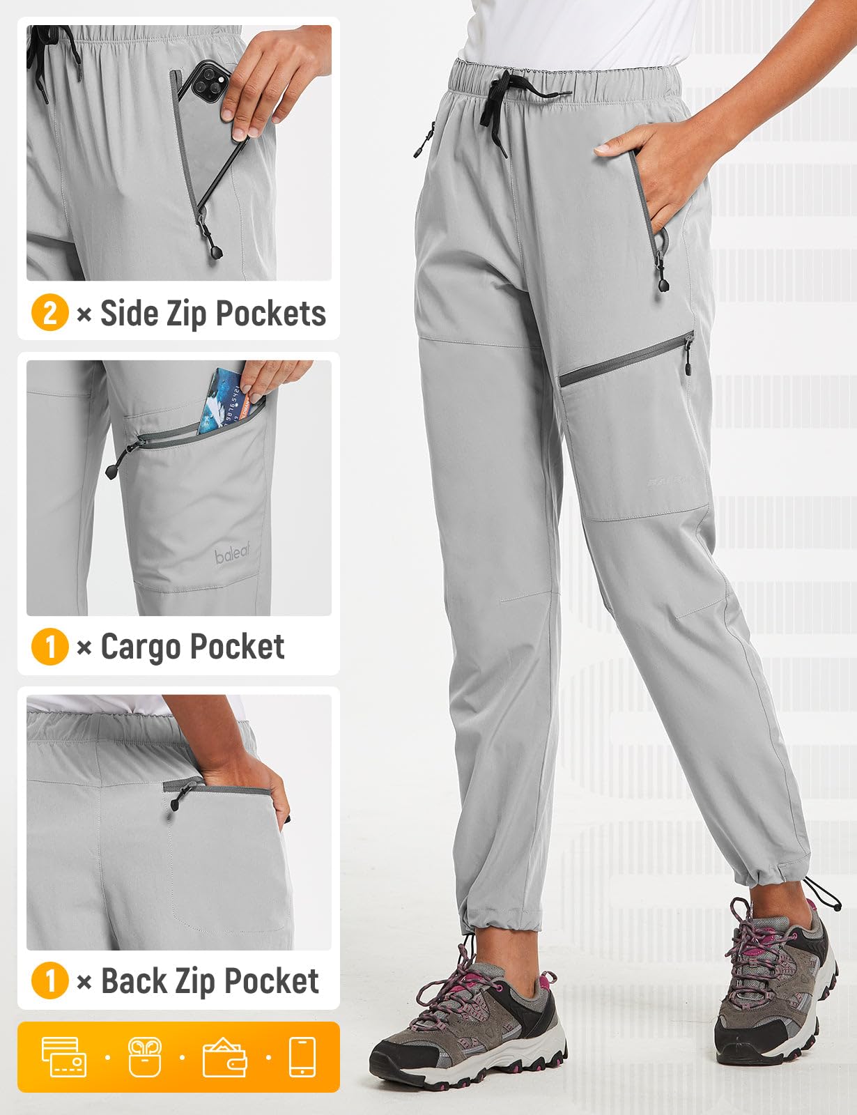 baleaf Women's Hiking Pants Quick Dry Lightweight Water Resistant Stretch Cargo Pants with Zipper Pockets Travel Camping 29''-Glacier Gray XS