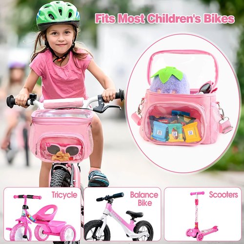 Girls Bike Basket Front, Pink Bicycle Handlebars Basket Fit Most Kids Tricycle Balance Bikes Knee Scooter, Kids Bike Accessories Scooter Bag with Adjustable Shoulder Strap Gifts for Girls