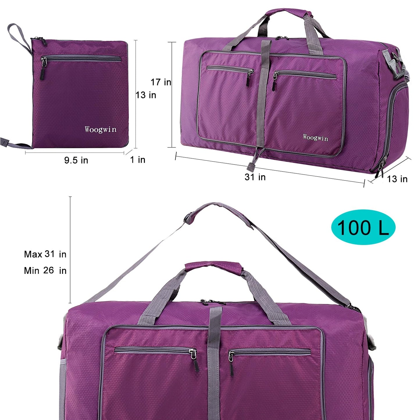 Woogwin Travel Duffel Bag Large Foldable Waterproof Overnight Bag for Beach Swim Bags Pool Sports Gym (100L Purple)