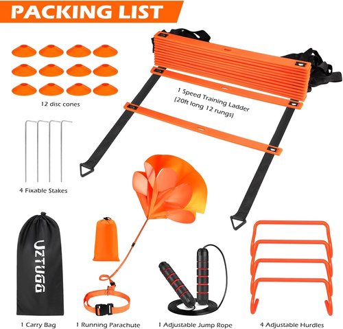 UZTUGG Soccer Training Equipment, Speed Agility Training Equipment for Kids Youth Adults, 20ft Agility Ladder, 4 Hurdles, Jump Rope, 12 Soccer Cones, Running Parachute, Football Training Equipment