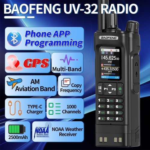 BAOFENG UV-32 Ham Radio 10W Two Way Radios Long Range Handheld NOAA Weather Radio Rechargeable UV32 5RM K5 Walkie Talkies with GPS,APP Programming Copy Frequency USB-C Charging for Survival Gear