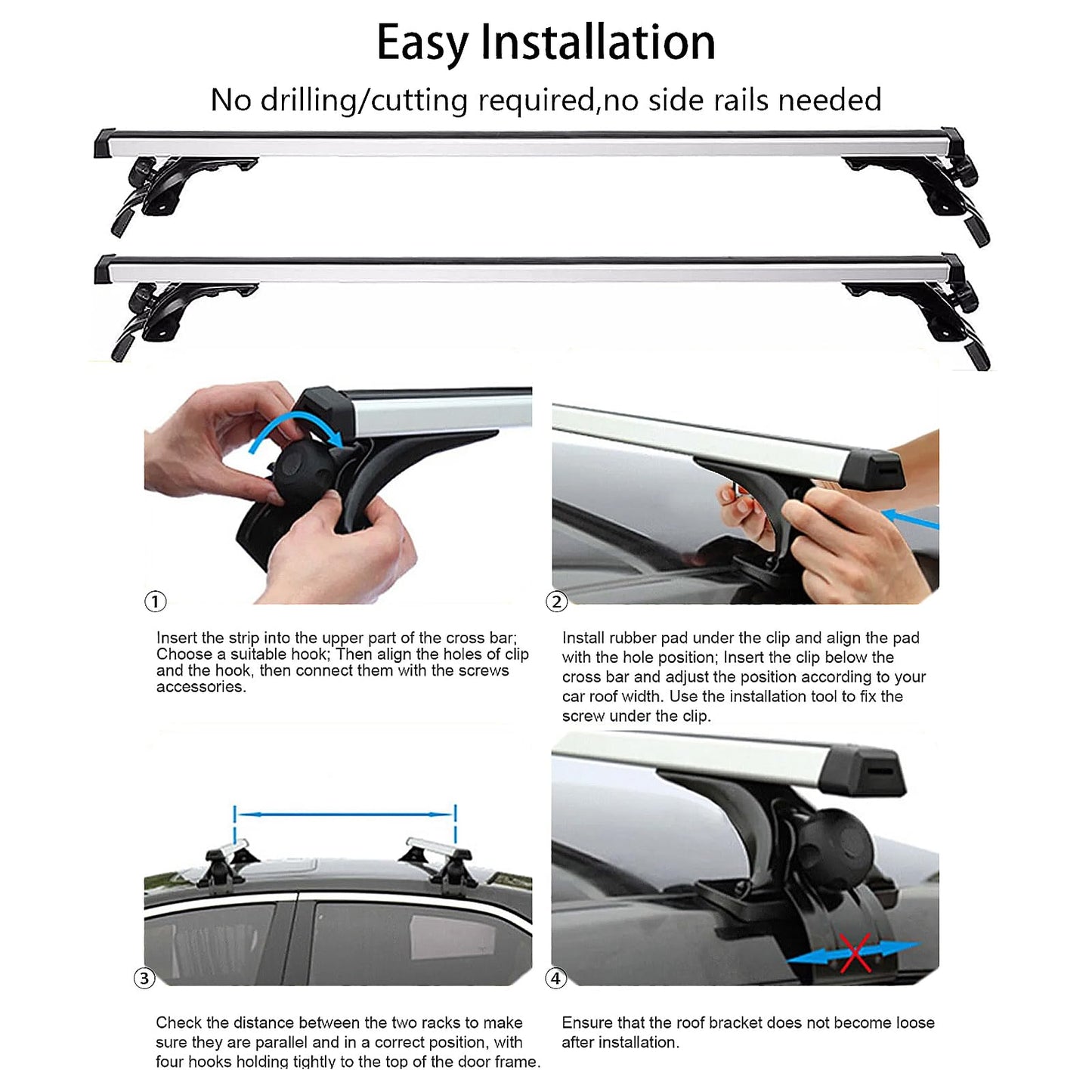 Flynsu Universal 48" Car Top Roof Rack Cross Bar Luggage Cargo Carrier w/3 Kinds Clamps, Silver Aluminum, 165 lb Loading Capacity