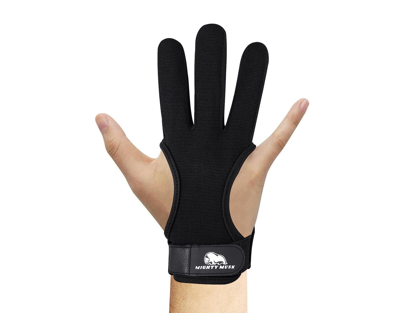 Mighty Musk Archery Glove Genuine Leather 3 Finger Protector for Recurve Bow Durable Shooting Gloves for Adult Archers (Black 4-Way Stretch Fabric, Medium)