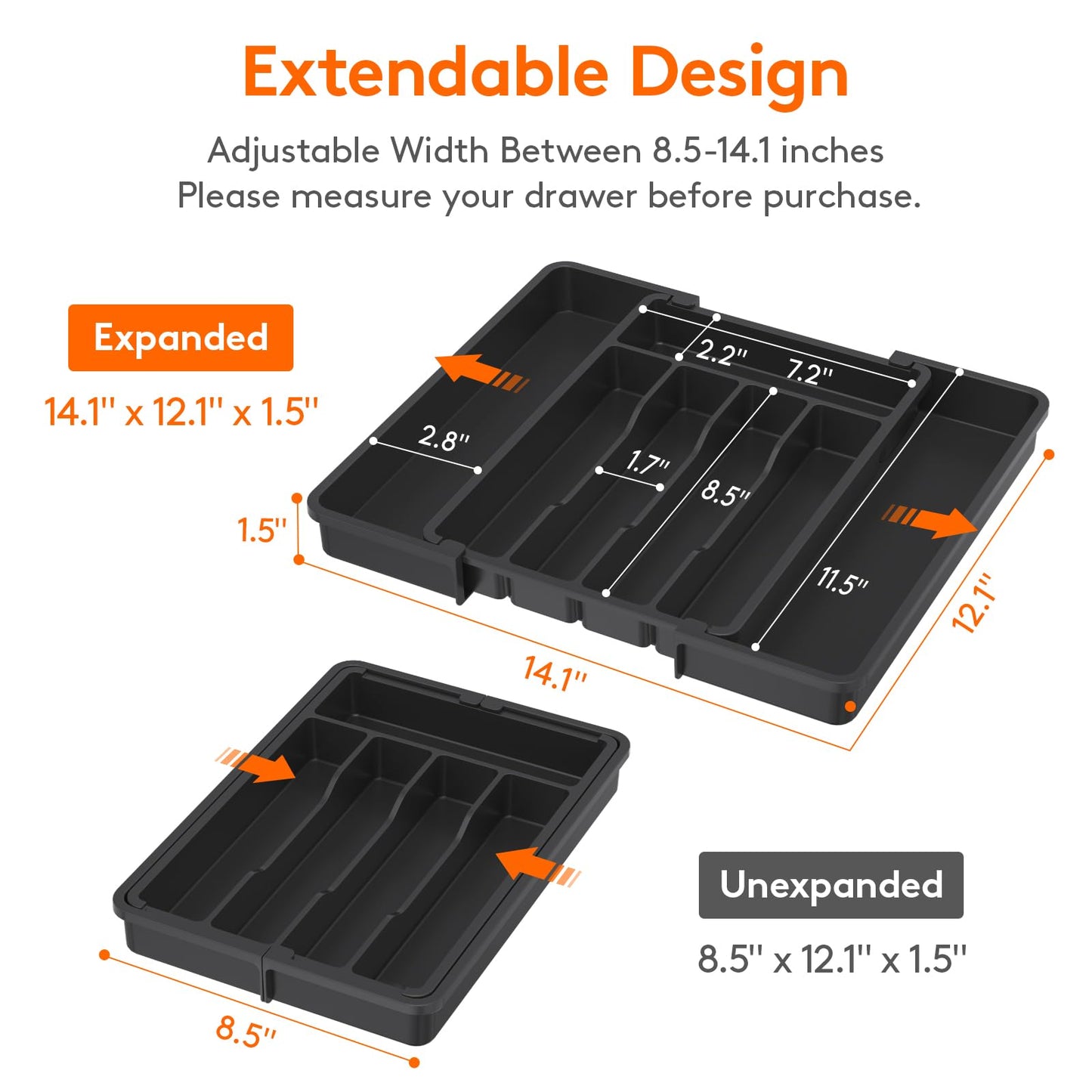 Lifewit Expandable Silverware Organizer, Plastic Utensil Tray for Kitchen Drawer, BPA Free Flatware Cutlery Holder, Space-Saving Storage for Spoons Forks Knives, 8.5-14 x 12 x 1.5 inch, Black
