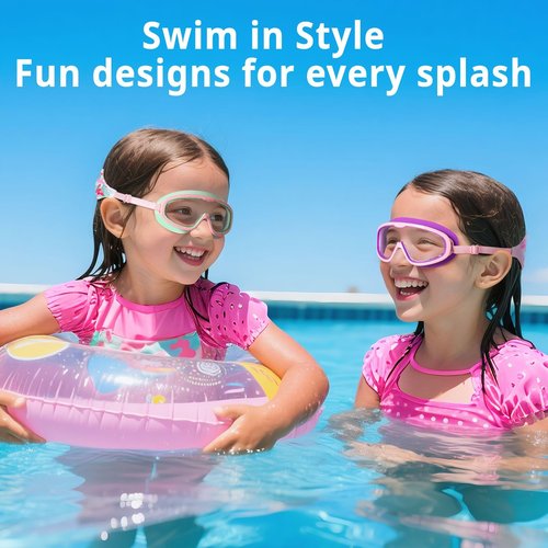 Pixel Panda 2 Pack Kids Swim Goggles with Fabric Strap for 6-14 Wide View Anti-Fog Anti-UV, No Leak No Hair Pulling Swimming Goggles Boys Girls Youth Pool Water Protection