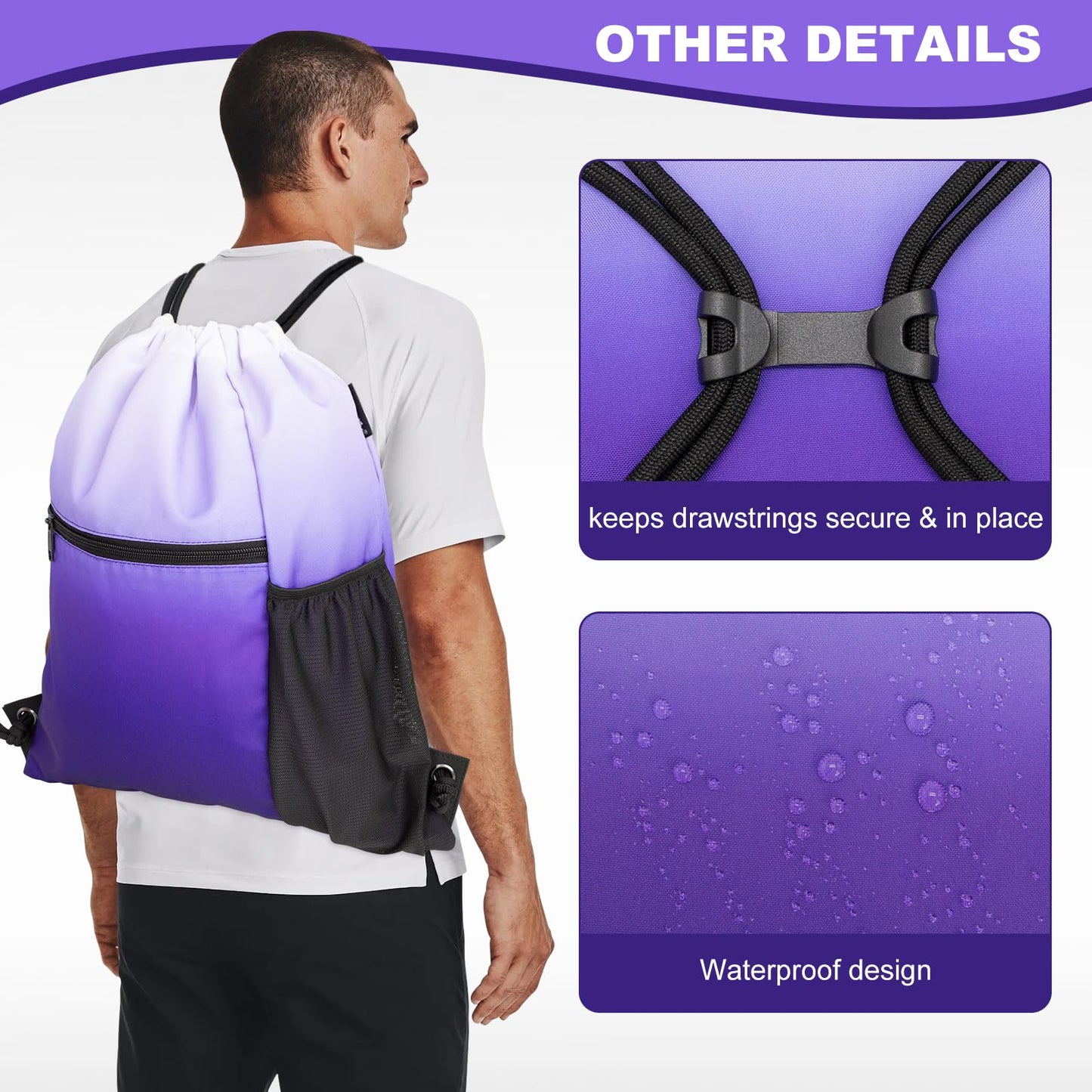 HOLYLUCK Men & Women Outdoor Sport Gym Sack Waterproof Drawstring Backpack Bag (Standard with drawstring, Gradient Purple)