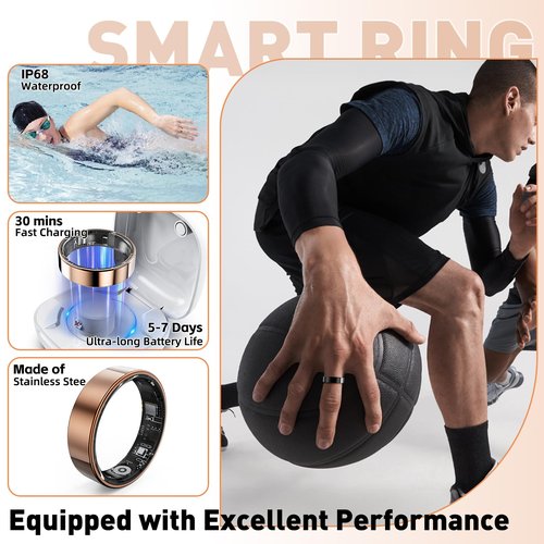 SARUNN ER Smart Ring with Sleep Monitoring, Step Counting, Heart Rate, Blood Oxygen, Blood Pressure for iPhone and Android, No Subscription Fee, IP68 Waterproof Health Tracker (Rose Gold, 7)