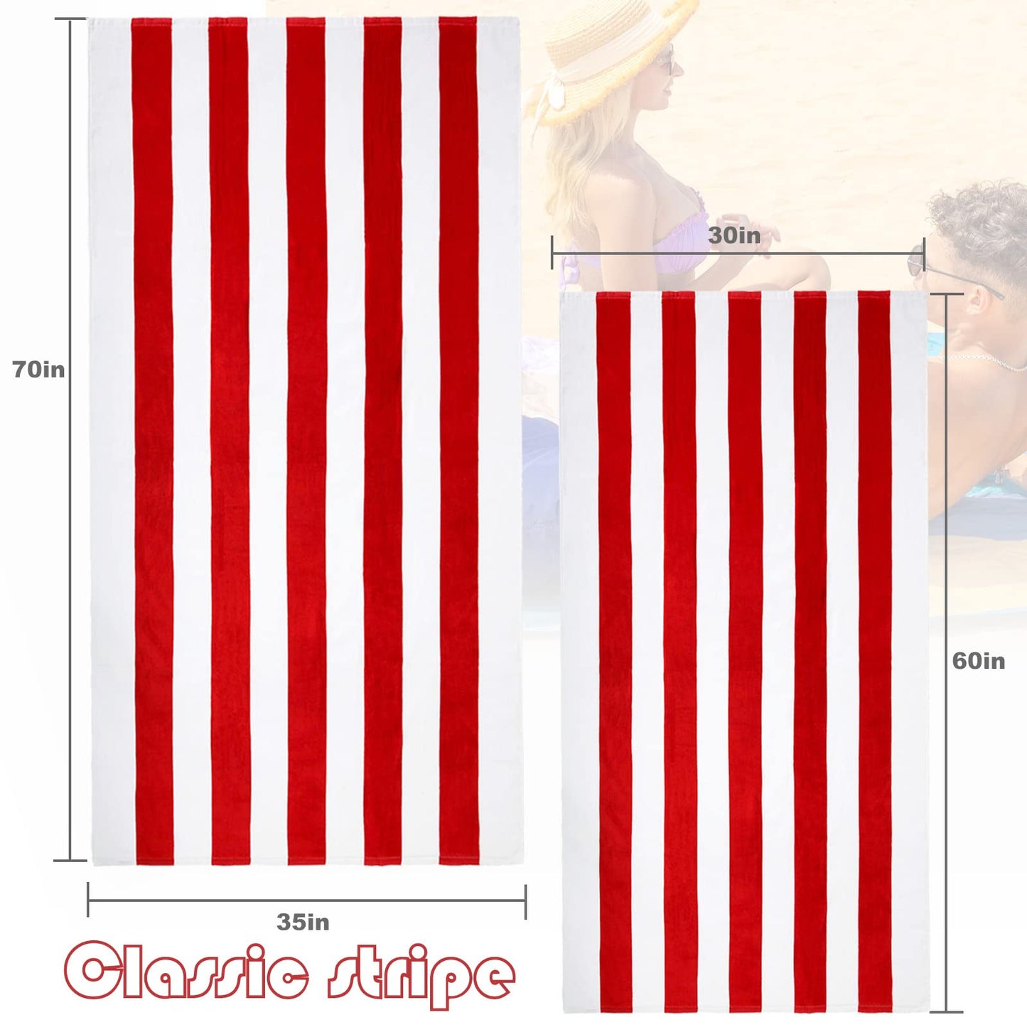Exclusivo Mezcla 2 Pack Cotton Large 30x60 Inches Cabana Stripe Beach Towels, Super Absorbent Soft Plush Pool Towel Bath Towel (Red)