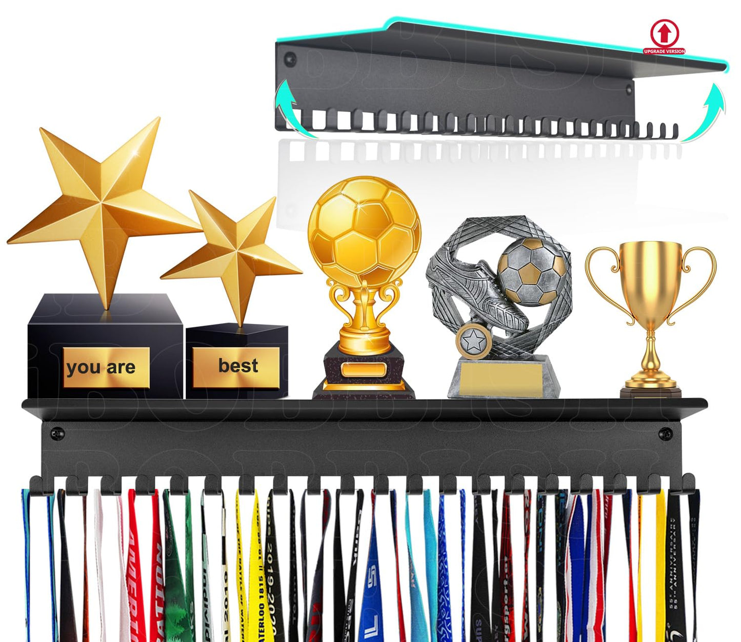 iBobbish Metal Medal Hanger Display, Non-Slip Trophy Shelf with 20 Hooks, Wall Mount, Heavy Duty, Non-Bent, Holds 22-33lbs, for Gymnastics, Race, Soccer, Swim