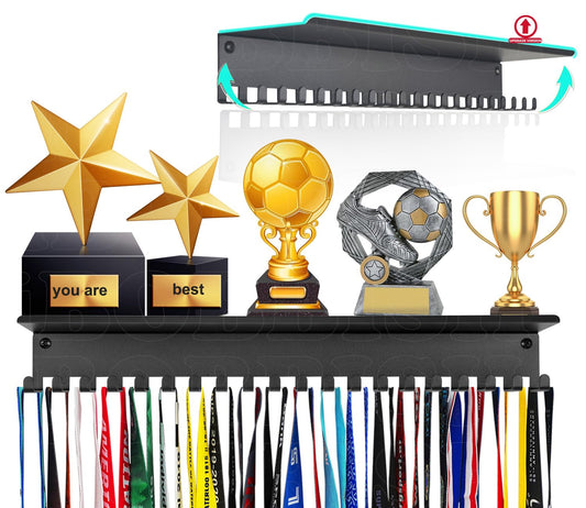 iBobbish Metal Medal Hanger Display, Non-Slip Trophy Shelf with 20 Hooks, Wall Mount, Heavy Duty, Non-Bent, Holds 22-33lbs, for Gymnastics, Race, Soccer, Swim