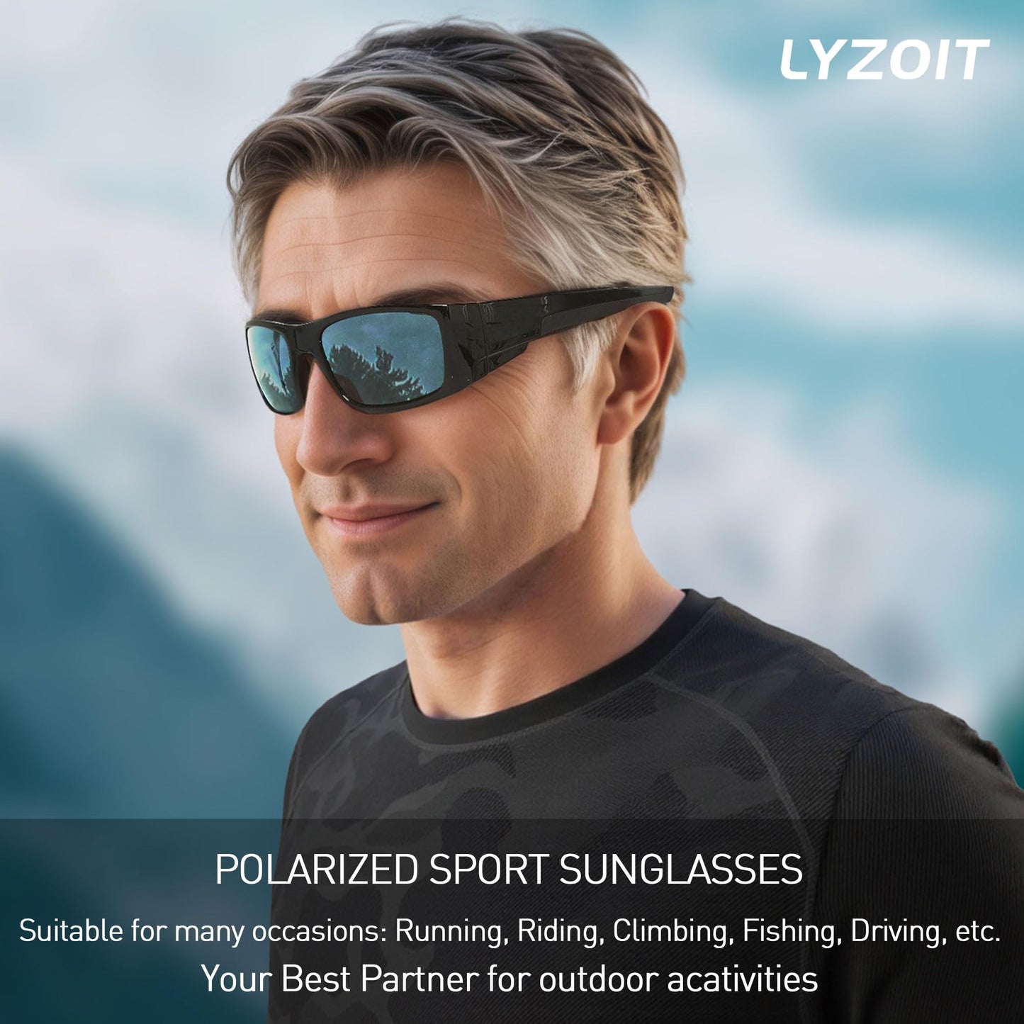 LYZOIT Polarized Sports Sunglasses for Men Women Wrap Around Unbreakable Frame Driving Fishing Cycling Running UV400 Protection Mirrored Silver