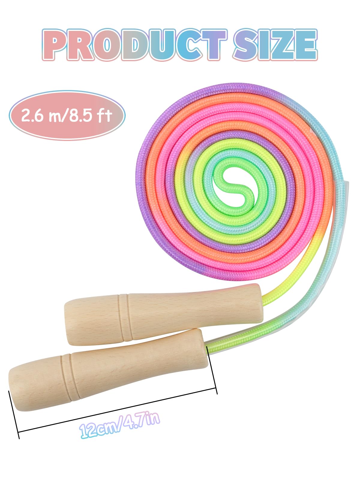 Lorvain Jump Rope for Kids, 8.5FT Adjustable Cotton Skipping Rope with Wooden Handle for Girls and Boys Fitness Workout Exercise Outdoor Fun Activity, Rainbow Jump Rope