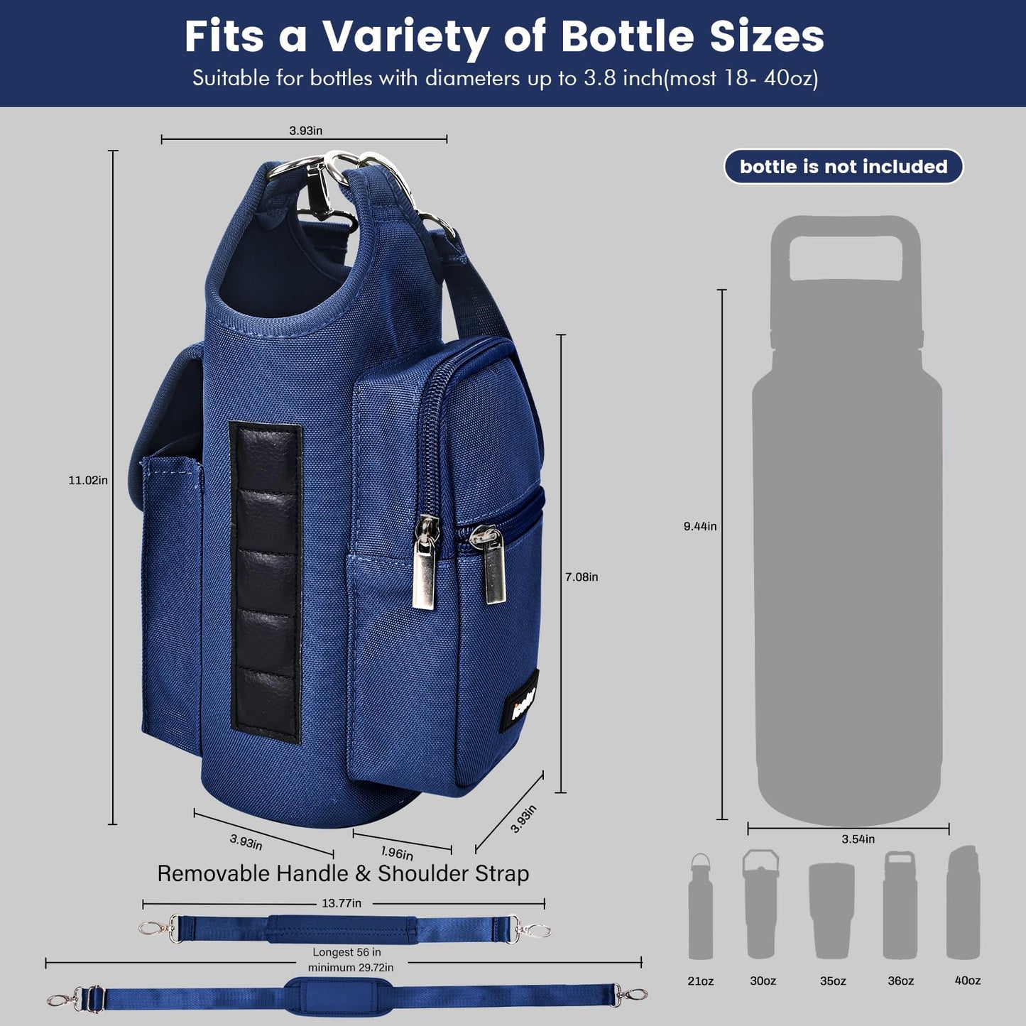 icolor Magnetic Gym Bag Water Bottle Carrier Holder with Phone Pockets & Strap,Nylon Gym Magnetic Bag 5 Built-in Magnets Gym Accessories Organizer Bottle Pouch Sleeve for Men Women (Navy Blue)