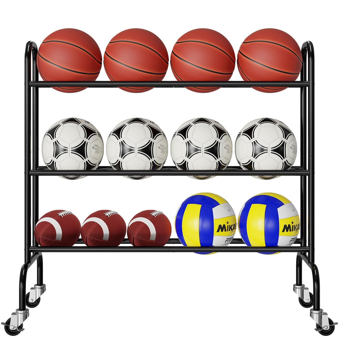 MWQ Basketball Rack 3 Tier, Rolling Sport Equipment Holder Ball Storage Cart for Basketball, Football and Soccer, Suitable for Indoor and Outdoor, Black