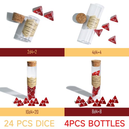 FourDragons 24 Pcs Red D4 Dice with 4 Pcs Healing Potion Bottle, Roleplaying D4 Polyhedral Dice Set Compatible with Dungeons and Dragons D&D RPG MTG Table Games