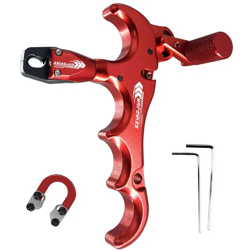 xxiaojun Compound Bow Aid Releaser and D Loop Rope，Adjustable Can Rotate 360° Thumb Release Bow Aluminum Alloy Aids，Archery Release Aids (4 Fingers - Bow Release -Red)