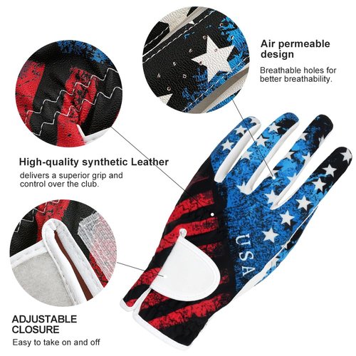 GOLTERS Golf Gloves for Men and Women Left Hand for Right Handed Golfer The American Flag Printing Synthetic Leather Lycra Fiber Adjustable Closure (Men's USA Flag Golf Gloves, Large)